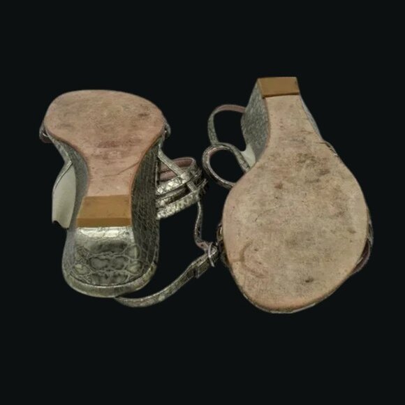 Stuart Weitzman Gold Snake Skin Sling Back Wedge Sandals Leather Wide - Picture 7 of 10